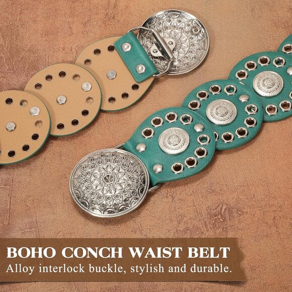 Women Vintage Disc Waist Concho Leather Belt Boho Waist Belt Green Silver Buckle - Picture 3 of 7